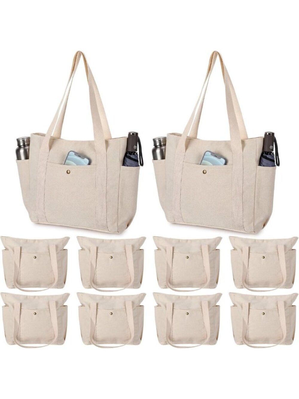 10 Pcs White Reusable Canvas Tote Bags for Women - Zippered Shoulder Handbags